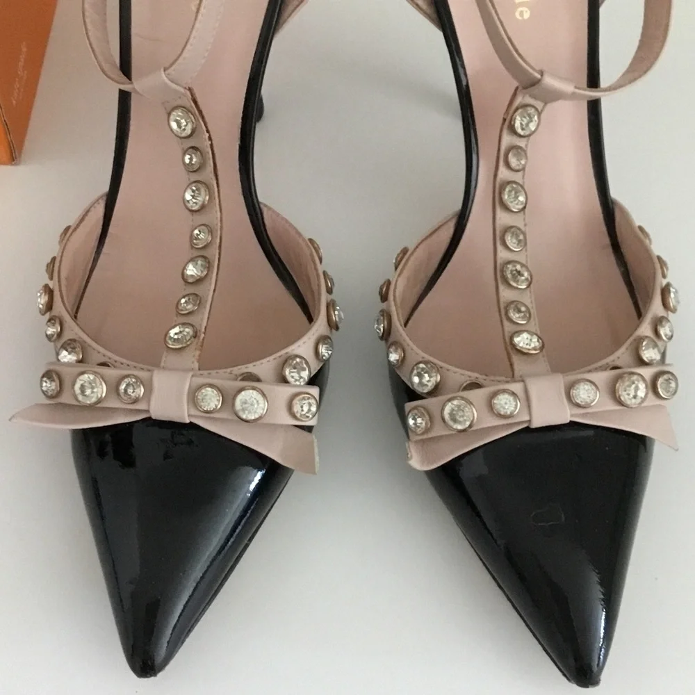 Kate Spade Black and Tan Patent and Blush Crystal T-Strap Pointed Heels